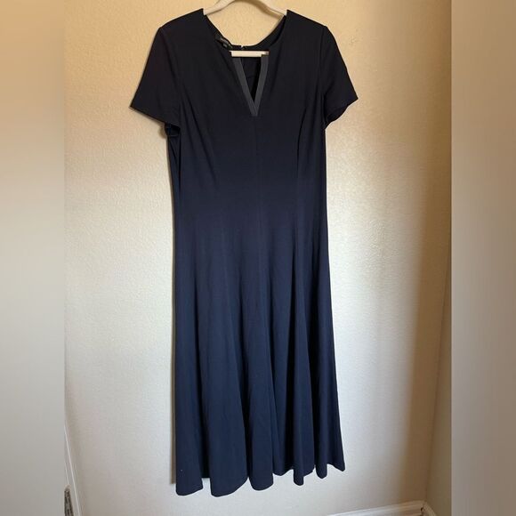 Lafayette 148 NY‎ V-Neck Flowy Maxi Dress Sz Large Deep Blue Short Sleeve - Picture 2 of 7